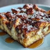 Layers of cinnamon-soaked bread, ham, turkey, and Swiss cheese in a slice of Monte Cristo Breakfast Casserole.