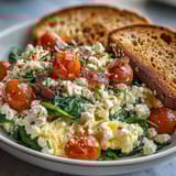 Creamy crumbled feta and juicy halved cherry tomatoes top a warm Spinach and Feta Breakfast Bowl, garnished with fresh parsley and red pepper flakes.