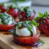 Strawberry Caprese skewers with balsamic drizzle, featuring juicy strawberries, fresh mozzarella, and fragrant basil on elegant skewers.