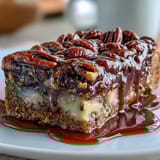 Kentucky Derby Pecan Pie Bars with Bourbon Glaze on a rustic wooden board, golden crust topped with toasted pecans and a glossy bourbon drizzle.