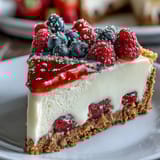 Festive no-bake cheesecake flag cake with fresh blueberries and strawberries arranged in patriotic red, white, and blue stripes.