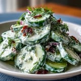 A refreshing summer salad featuring creamy dill dressing over sliced cucumbers and onions