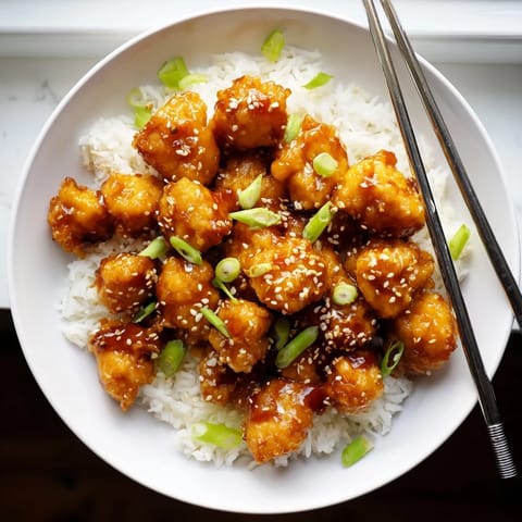 Crispy fried General Tsos Chicken coated in glossy sweet and spicy sauce over steamed white rice.