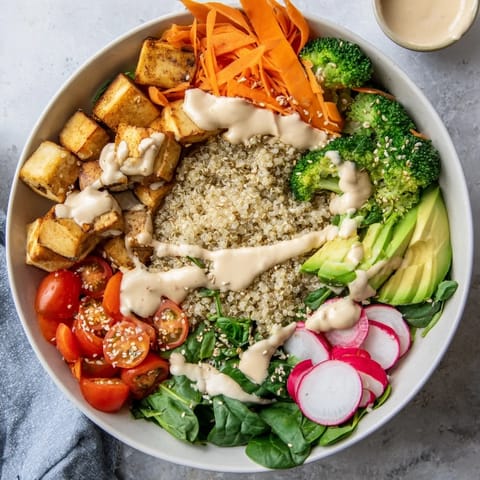 Vibrant Buddha Bowl featuring sautéed chicken, crisp carrots, cherry tomatoes, and pickled onions over fluffy brown rice.