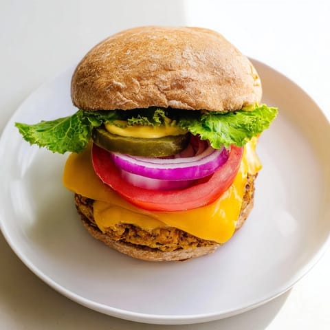 Stacked high with fresh veggies and melty cheese, a delicious vegetarian veggie burger sits on a white plate, ready for a hearty lunch.