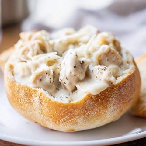 A golden crispy bread bowl holds creamy chicken Alfredo, topped with melted Parmesan cheese for a comforting Italian-American dinner.
