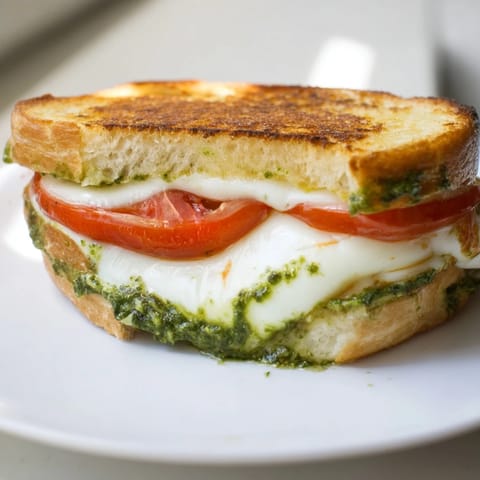 This Caprese Pesto Grilled Cheese showcases crusty toasted bread cradling oozy mozzarella, ripe tomato slices, and vibrant basil pesto, served on a rustic plate.  