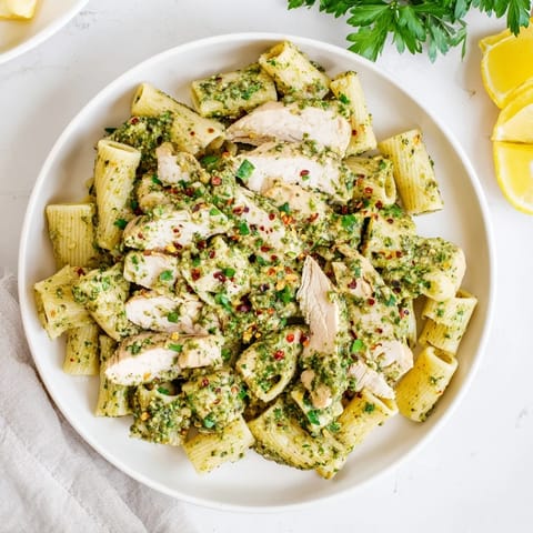 Golden-brown grilled chicken slices rest atop penne pasta, generously coated in a vibrant, herb-flecked chimichurri sauce.  
