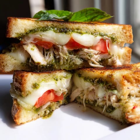 A gooey Mozzarella Pesto Chicken Grilled Cheese on sourdough, served warm on a plate with fresh basil and a side salad.