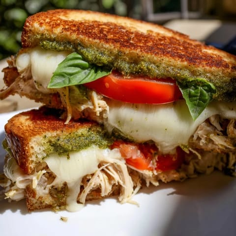 Close-up of a golden, crispy Mozzarella Pesto Chicken Grilled Cheese sandwich cut in half, revealing melted mozzarella and shredded chicken.