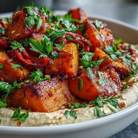 Colorful roast squash and hummus winter salad with toasted seeds for crunch.