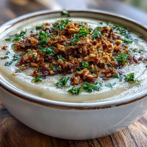 Roasted celeriac soup, rich and smooth, garnished with toasted hazelnuts for savory crunch.