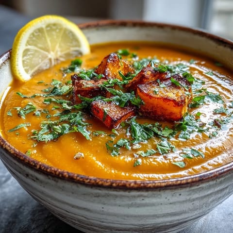 Butternut Squash Soup featuring creamy roasted squash and tender lentils, perfect for cozy fall meals.
