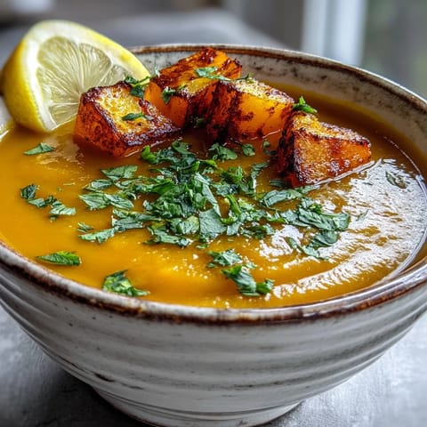 Velvety Butternut Squash and Lentil Soup garnished with fresh herbs, a comforting vegan delight.