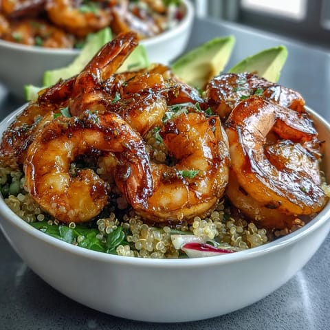 Succulent shrimp atop fluffy quinoa in a healthy Detox Buddha Bowl.