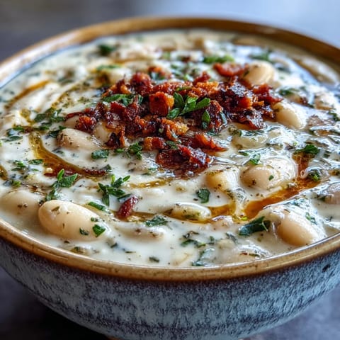 Creamy Tuscan White Bean Soup in a rustic bowl, garnished with crispy pancetta and a drizzle of olive oil.  