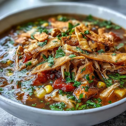Spoon lifting a serving of Best Chicken Tortilla Soup revealing tender chicken, sweet corn, and diced tomatoes.  