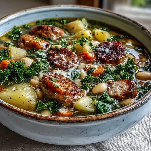 Hearty Tuscan White Bean Sausage Soup served in a rustic ceramic bowl, garnished with fresh parsley and grated Parmesan cheese.