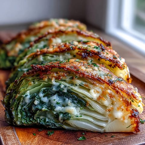 Golden roasted garlic Parmesan cabbage wedges with crispy cheese edges, served as a savory vegetarian side dish.