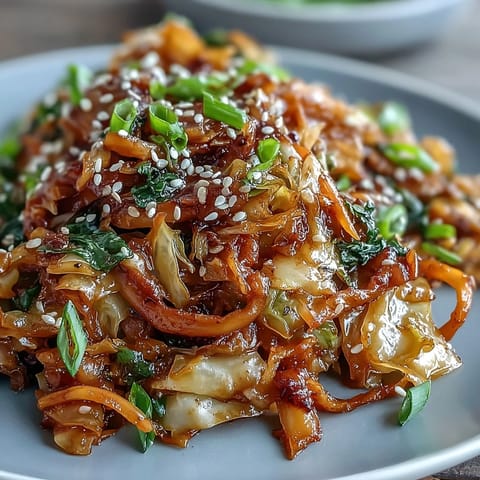 Fried cabbage tossed in a spicy, tangy Asian-inspired sauce in a hot wok.
