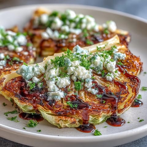 Golden roasted Crispy Cabbage Steaks With Feta and Balsamic topped with crumbled feta and fresh parsley on a rustic plate.