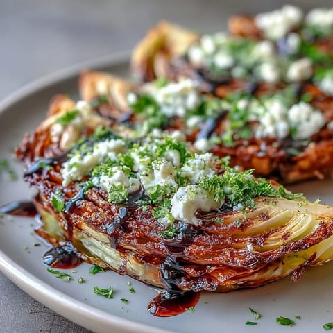Thick Crispy Cabbage Steaks With Feta and Balsamic served warm with a drizzle of dark balsamic glaze alongside grilled chicken.