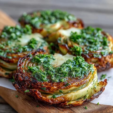 Thick, golden-roasted Cabbage Steaks With Jalapeño Chimichurri on a plate, drizzled with a vibrant green, herb-packed sauce.