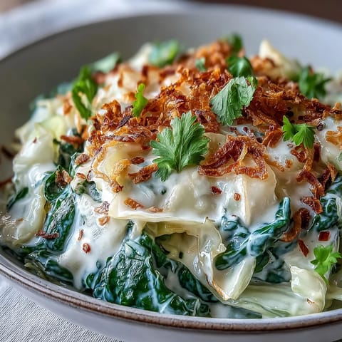 Tender cabbage simmered in spiced Coconut Braised Cabbage with creamy coconut milk and toasted flakes.
