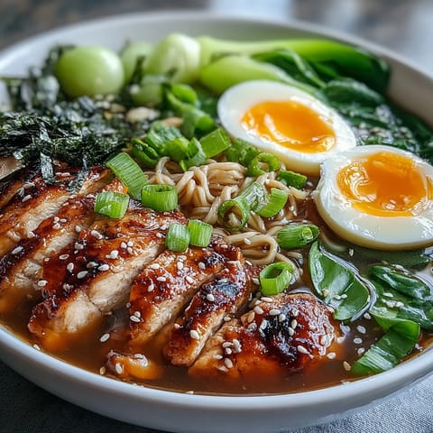 Steaming Healthy Miso Chicken Noodle Bowls feature sliced chicken, bok choy, and soba noodles in a savory broth topped with soft-boiled eggs.