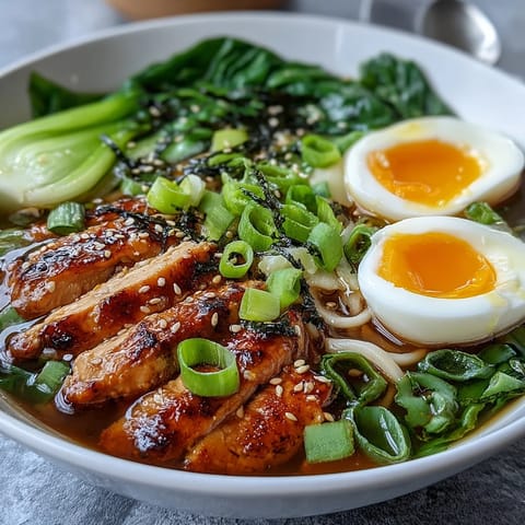 Two bowls of Healthy Miso Chicken Noodle Bowls display vibrant greens, julienned carrots, scallions, and sesame seeds, ready to be enjoyed hot.