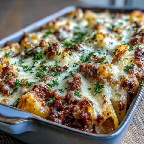 Golden bubbly Cottage Cheese Protein Pasta Bake with ground beef and melted mozzarella topping