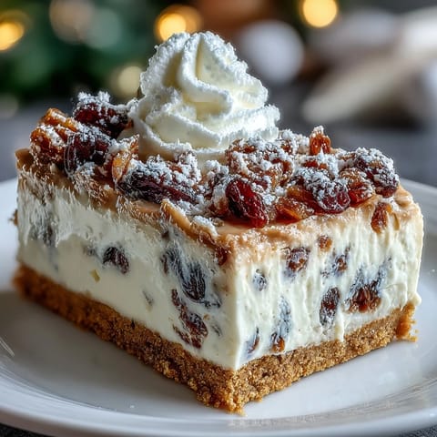 The baked Christmas Cheesecake Slab in a rectangular pan, featuring a golden crust and speckled with festive dried fruits.