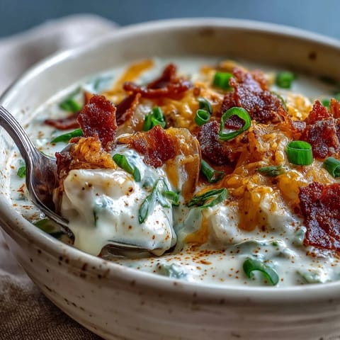 Creamy Loaded Potato Soup topped with crispy bacon, melted cheddar, and fresh green onions in a rustic bowl.