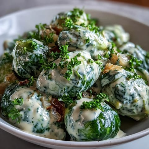 Fresh Brussels sprouts in cream cheese-mustard sauce, garnished with parsley and served warm in a rustic skillet.