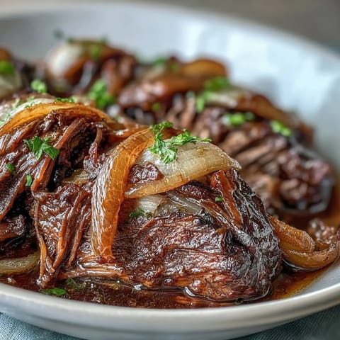 Fork-tender Savory Crock Pot French Onion Pot Roast with melty Gruyère and caramelized onions.