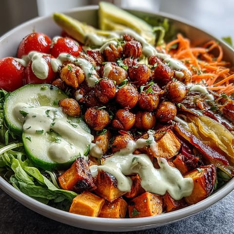 A finished Breakfast Buddha Bowl topped with avocado slices, fresh tomatoes, and zesty lemon dressing.