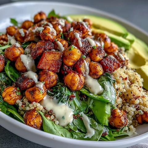 A close-up of a Roasted Chickpea Power Bowl filled with roasted sweet potatoes and crispy chickpeas.