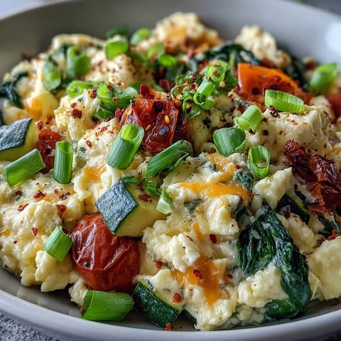 Fluffy scrambled eggs and melted cheddar cheese fill this healthy Scrambled Egg and Veggie Bowl, topped with vibrant cherry tomatoes and green onions.