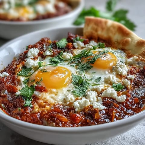 Spicy tomato-pepper sauce with poached eggs in a shakshuka bowl, served with warm pita bread for dipping.