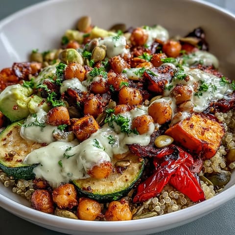 A close-up of a hearty Chickpea Power Bowl reveals sliced avocado, juicy cherry tomatoes, and crunchy pumpkin seeds over warm, spiced chickpeas.