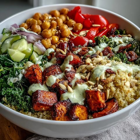 A hearty Meal Prep Week-Long Power Bowl features black beans, chickpeas, cherry tomatoes, cucumber, and a creamy drizzle of tahini dressing.