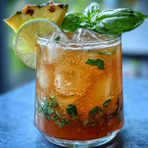 Pineapple Basil Agua Fresca in a glass with fresh basil and lime, a vibrant and refreshing tropical drink.