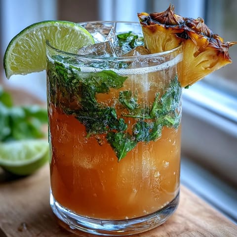 A tall glass of Pineapple Basil Agua Fresca with ice, garnished with basil and pineapple slices for a cool, sweet sip.