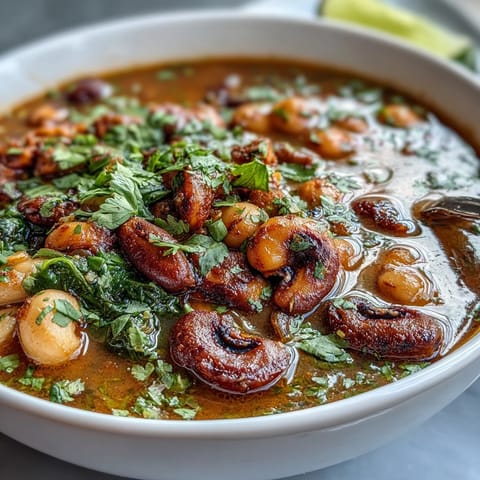 Hearty Soul Food Black-Eyed Pea and Collard Green Stew in a rustic Dutch oven, steaming with smoky aromas and tender greens.  