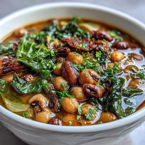A bowl of comforting Southern Black-Eyed Pea and Collard Green Stew, rich with earthy legumes and vibrant, slow-simmered collard greens.  