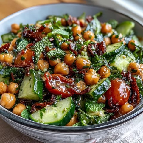 Healthy Easy Cucumber Chickpea Salad with Lemon Vinaigrette in a white bowl, garnished with fresh parsley and mint, served as a light vegetarian side dish.