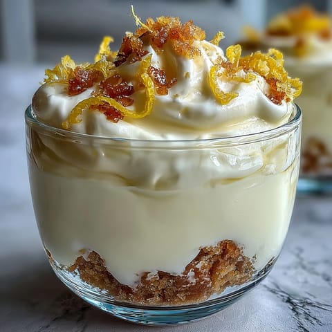 Bright lemon mousse cups with buttery shortbread crumble, garnished with fresh berries and mint for a refreshing spring dessert.
