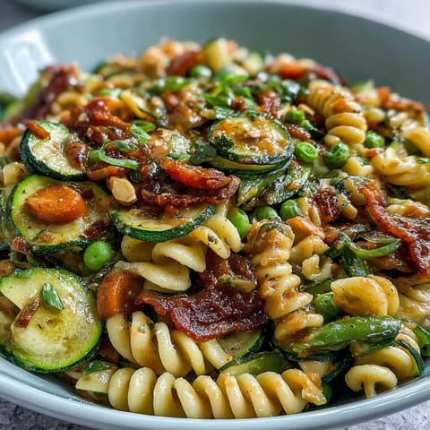 Healthy Easy Zucchini Noodle Stir-Fry with Peanut Sauce: Vibrant zucchini noodles and crisp vegetables tossed in a creamy, tangy peanut sauce.