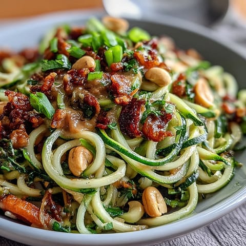 Healthy Easy Zucchini Noodle Stir-Fry with Peanut Sauce: Fresh spiralized zucchini and colorful veggies coated in a rich, nutty peanut sauce.