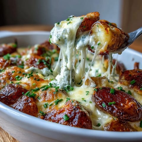 ALT image text: A golden, bubbling casserole of cheesy scalloped potatoes, perfect for holiday dinners or Sunday supper.  